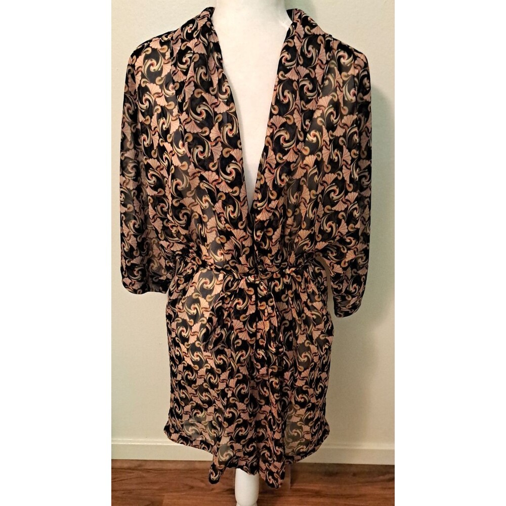 The Webster Miami Target Robe Sheer Black Pink Fans Kimono Short Wrap Sexy M/L
